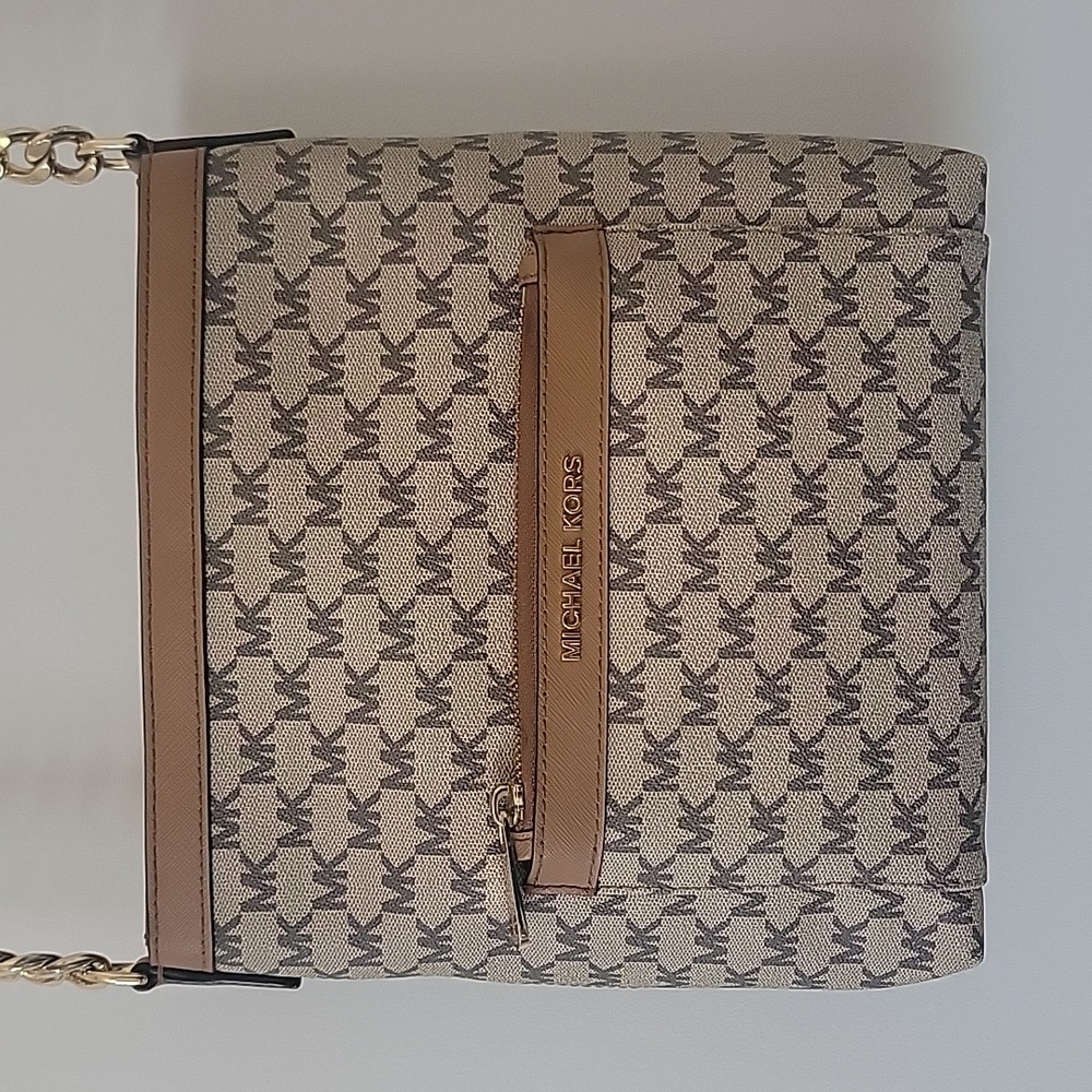 Michael Kors Beige Brown Gold Monogram MK Signature Logo Messenger Crossbody Bag
